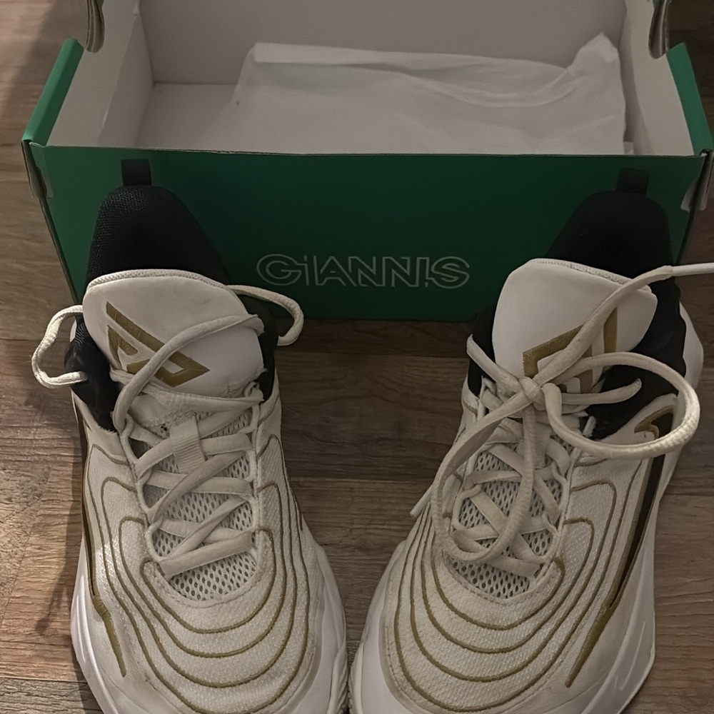 Nike Giannis White and Gold Athletic Shoes